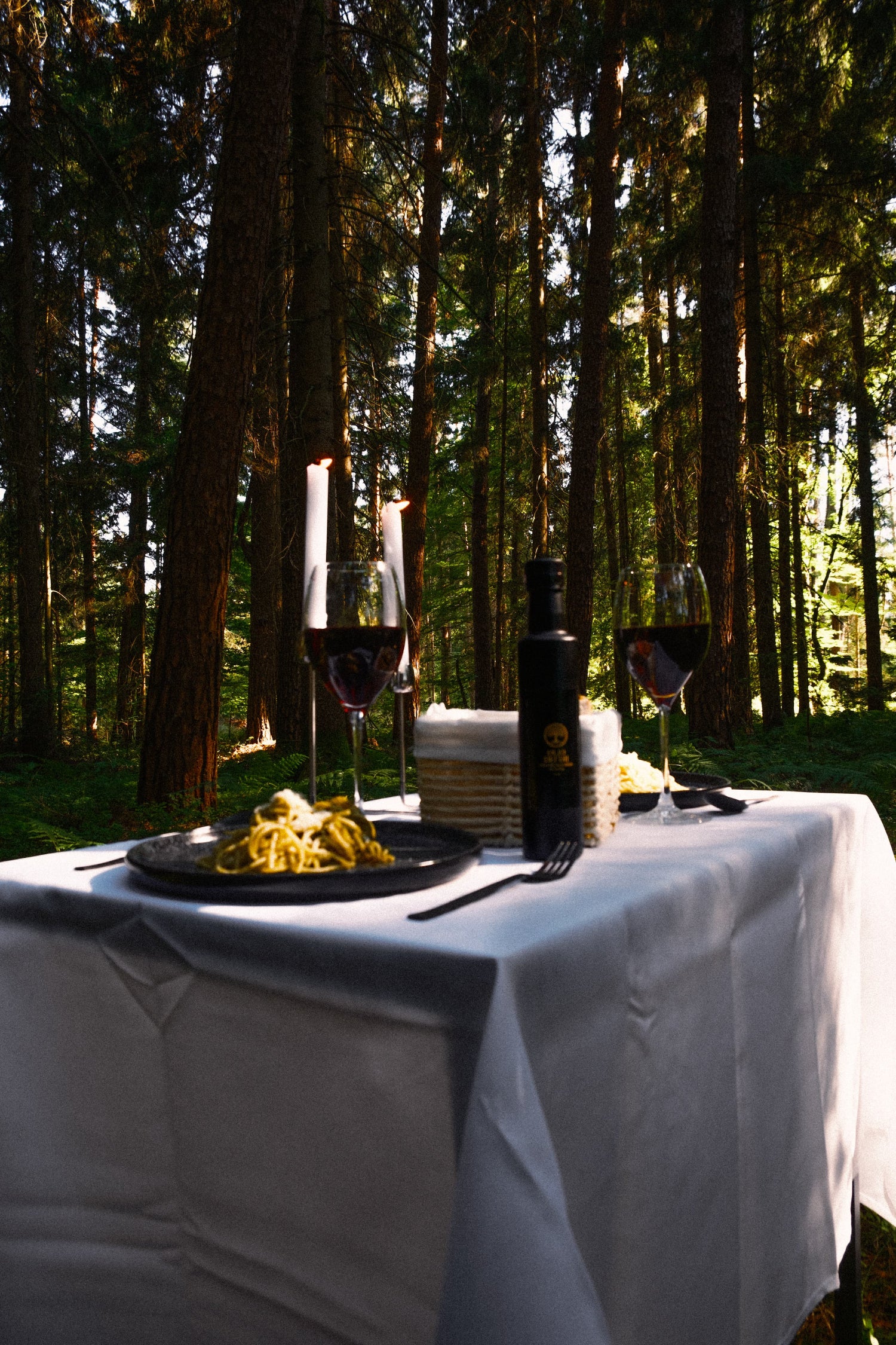 Premium Olivenöl aus Kalabrien im Wald serviert mit traditioneller italienischer Küche