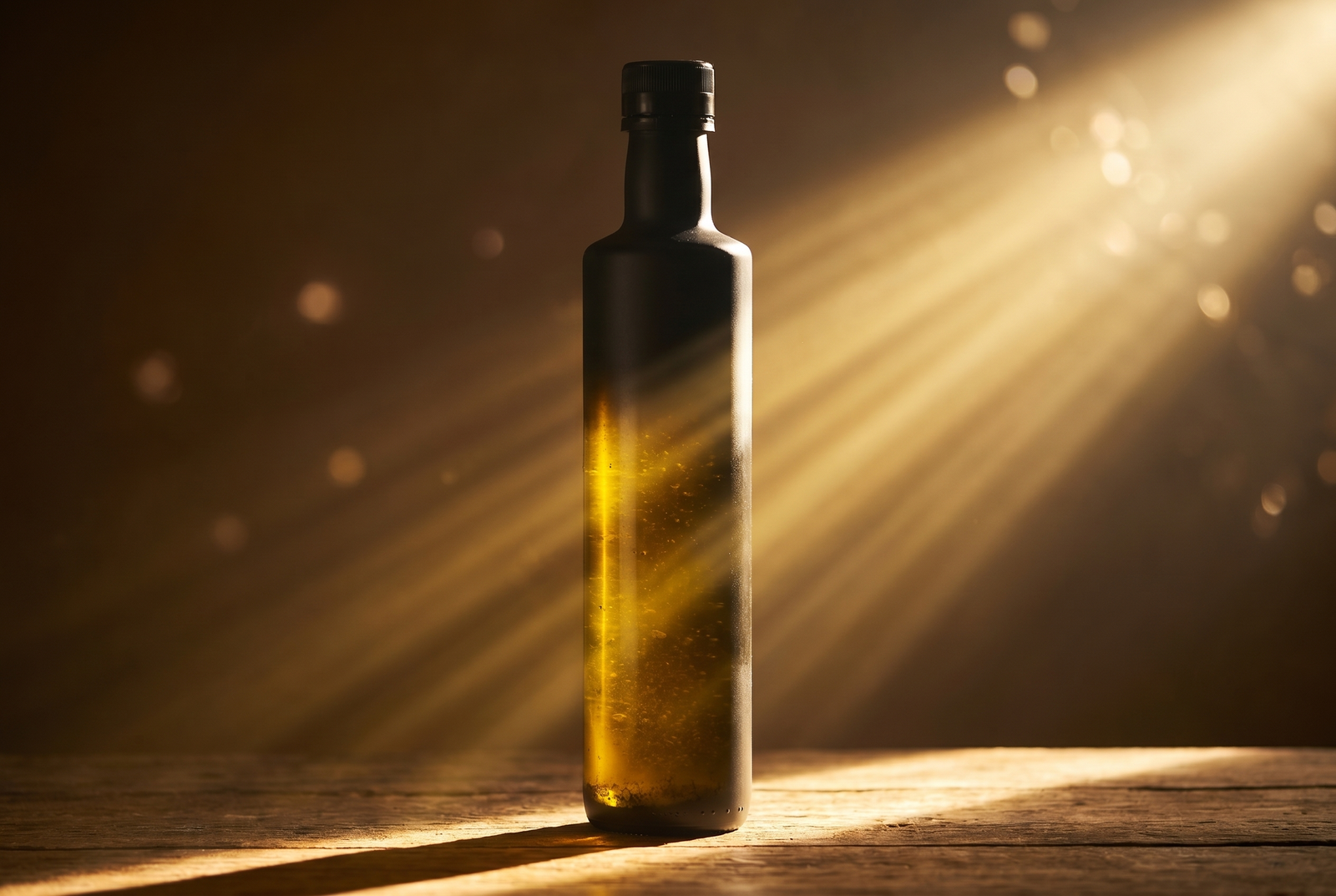 Olivenölflasche im direkten Sonnenlicht – Beispiel für Qualitätsverlust durch Licht