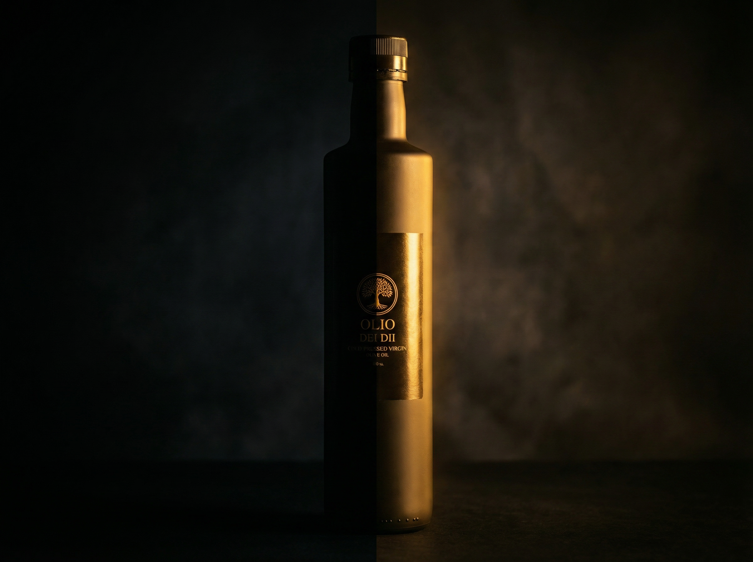 Premium Olivenöl aus Kalabrien geteiltes Bild (Licht/Schatten)
