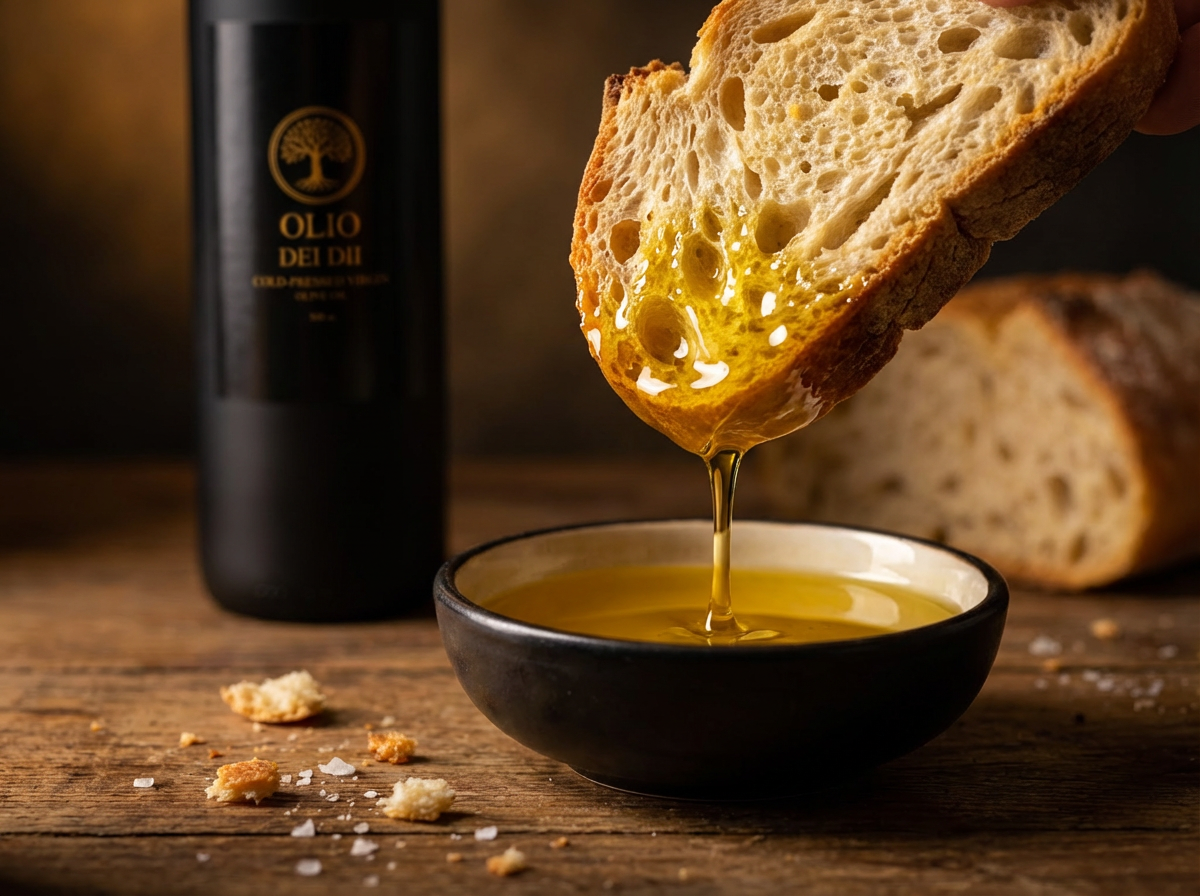 Brot wird in hochwertiges Olivenöl getaucht, goldenes Olivenöl tropft langsam, dunkler Hintergrund, Premium Olivenöl